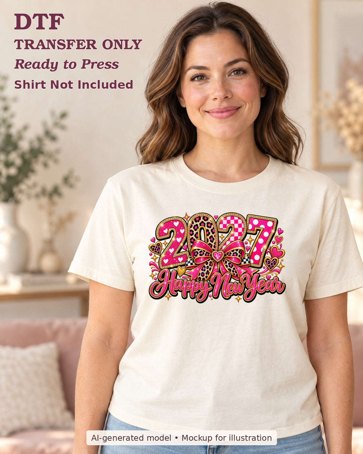 AI-model mockup wearing a cream shirt with 2027 happy new year lettering with a pink leopard ribbon bow; physical DTF transfer only.