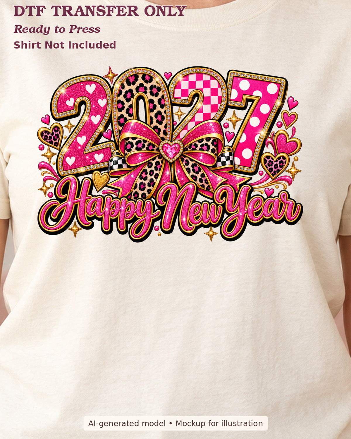 Close-up cream shirt mockup showing 2027 happy new year lettering with a pink leopard ribbon bow; shirt not included.
