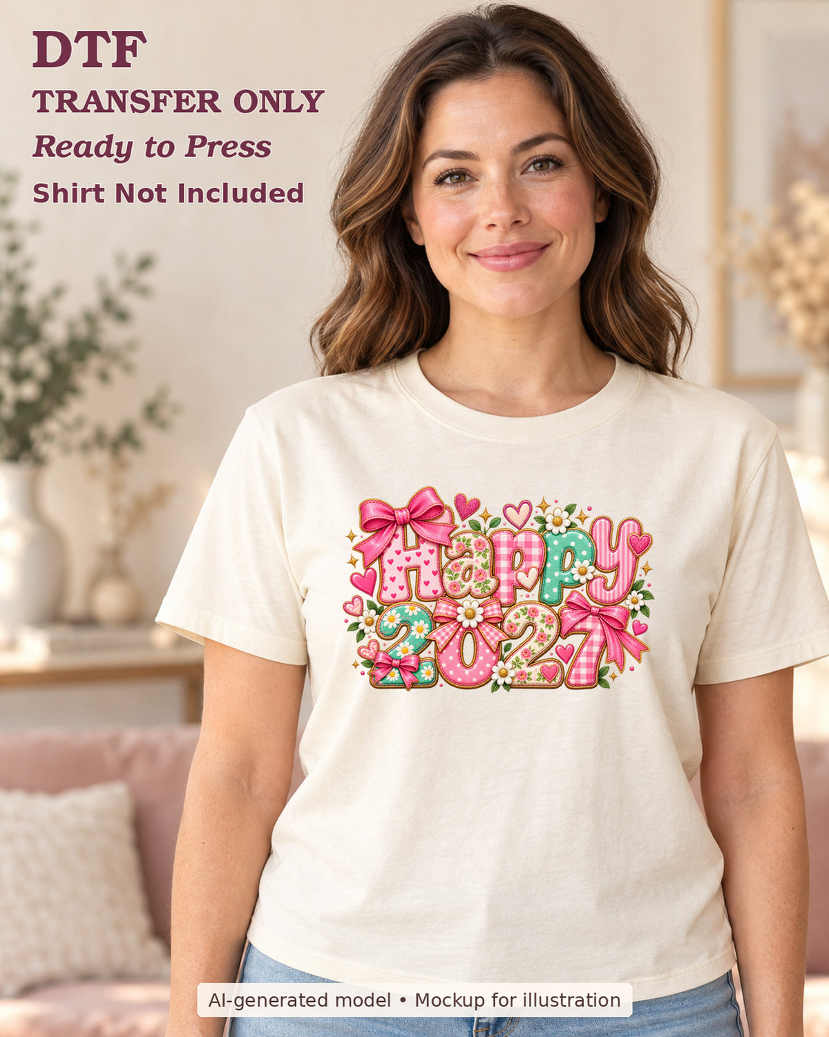 AI-model mockup wearing a cream shirt with happy 2027 pastel patchwork letters and numbers with flowers and pink bows; physical DTF transfer only.