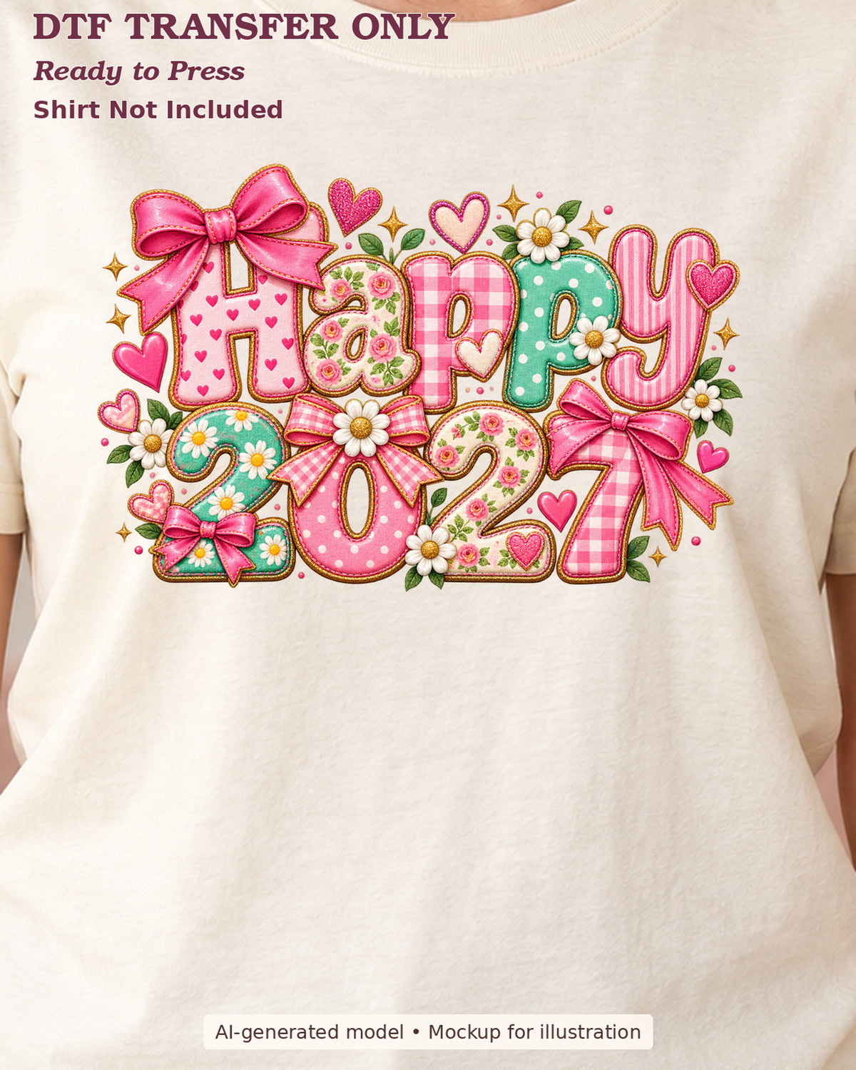 Close-up cream shirt mockup showing happy 2027 pastel patchwork letters and numbers with flowers and pink bows; shirt not included.