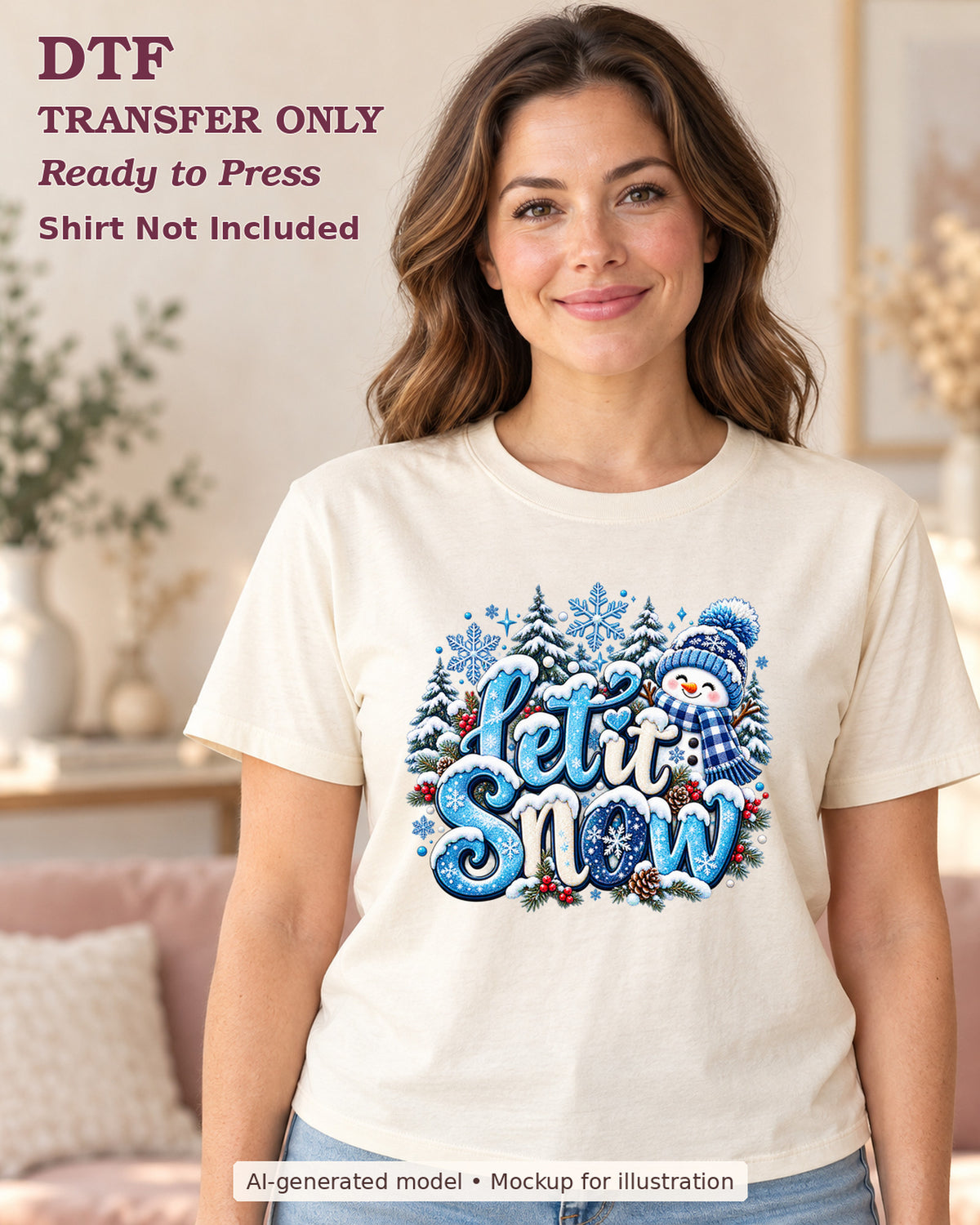 AI-model mockup wearing a cream shirt with let it snow blue lettering beside a snowman and evergreen trees; physical DTF transfer only.