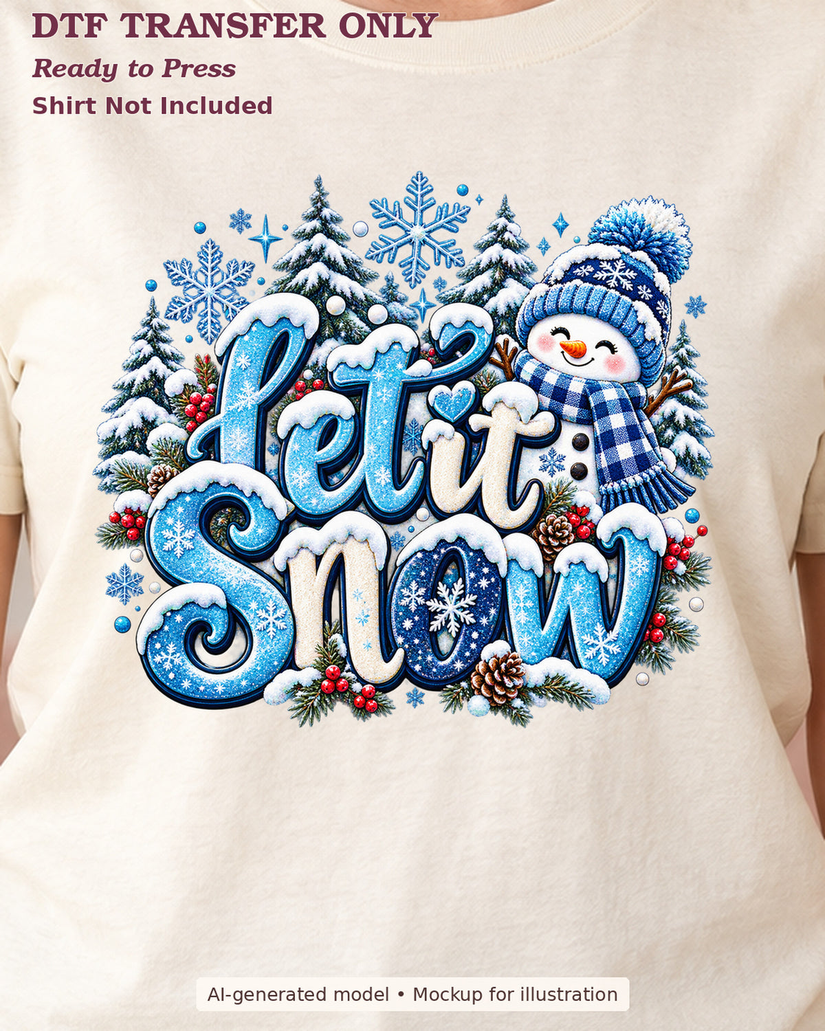 Close-up cream shirt mockup showing let it snow blue lettering beside a snowman and evergreen trees; shirt not included.