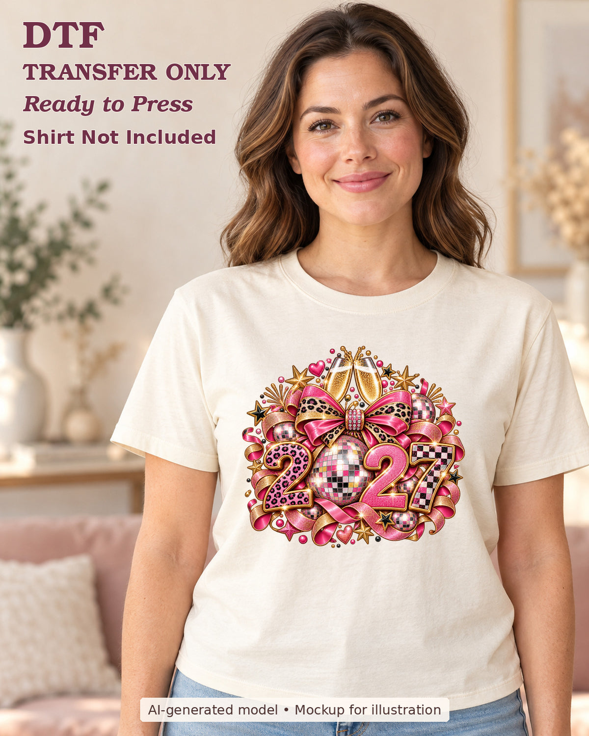 AI-model mockup wearing a cream shirt with 2027 with disco-ball zero, champagne glasses and a pink leopard bow; physical DTF transfer only.