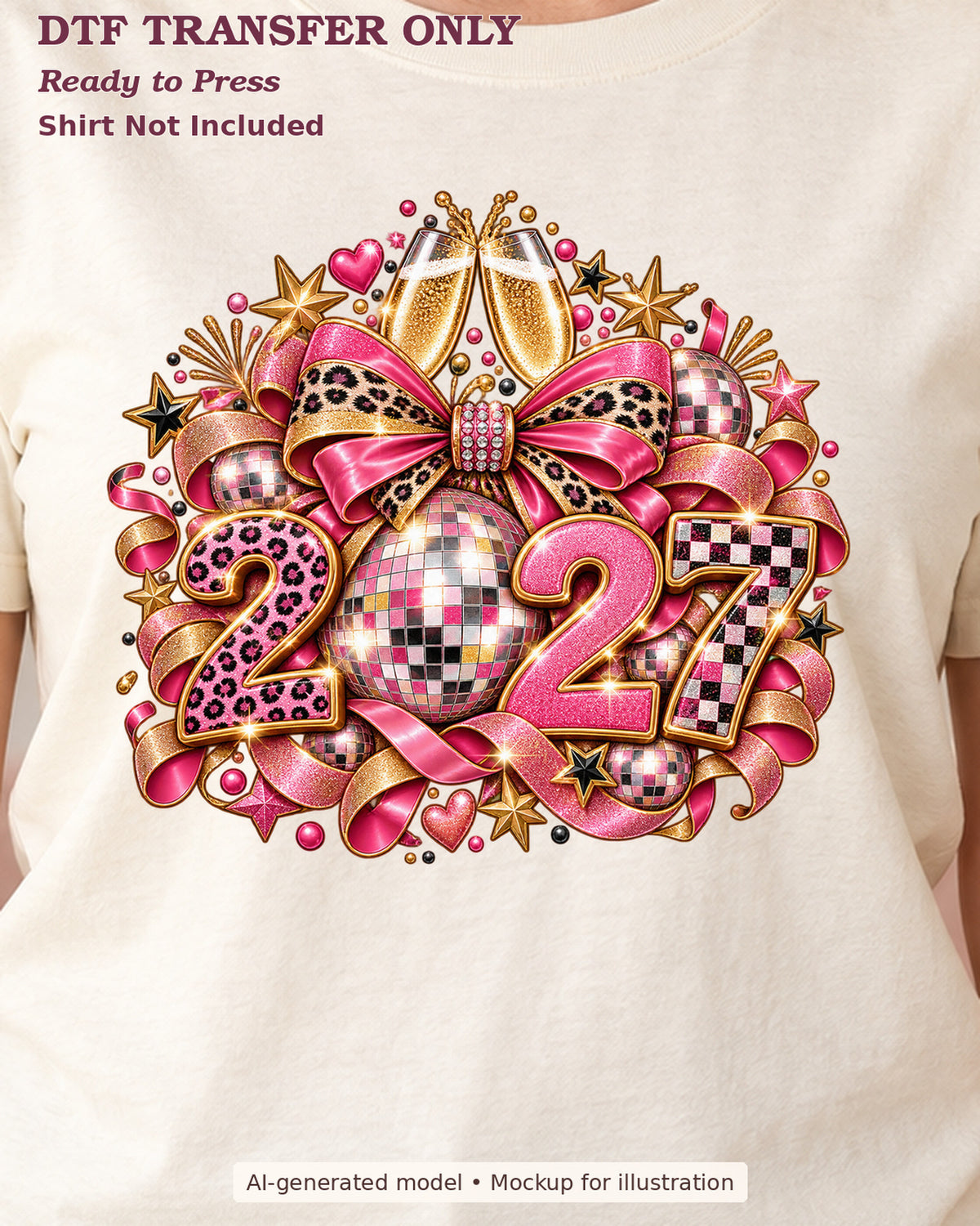 Close-up cream shirt mockup showing 2027 with disco-ball zero, champagne glasses and a pink leopard bow; shirt not included.
