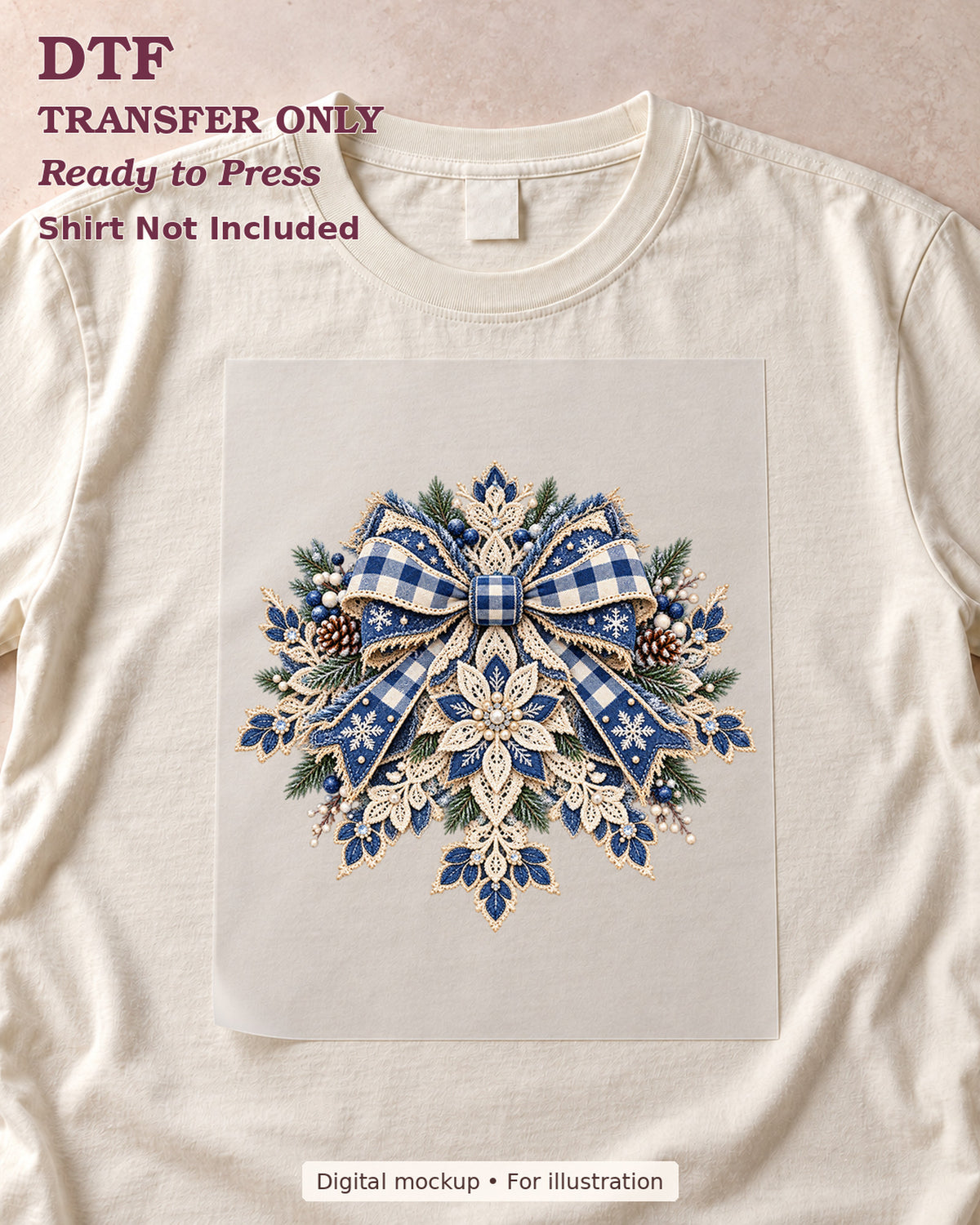 Blue gingham bow over an ornate snowflake with evergreen accents, shown as a transfer sheet on a cream shirt; shirt not included.