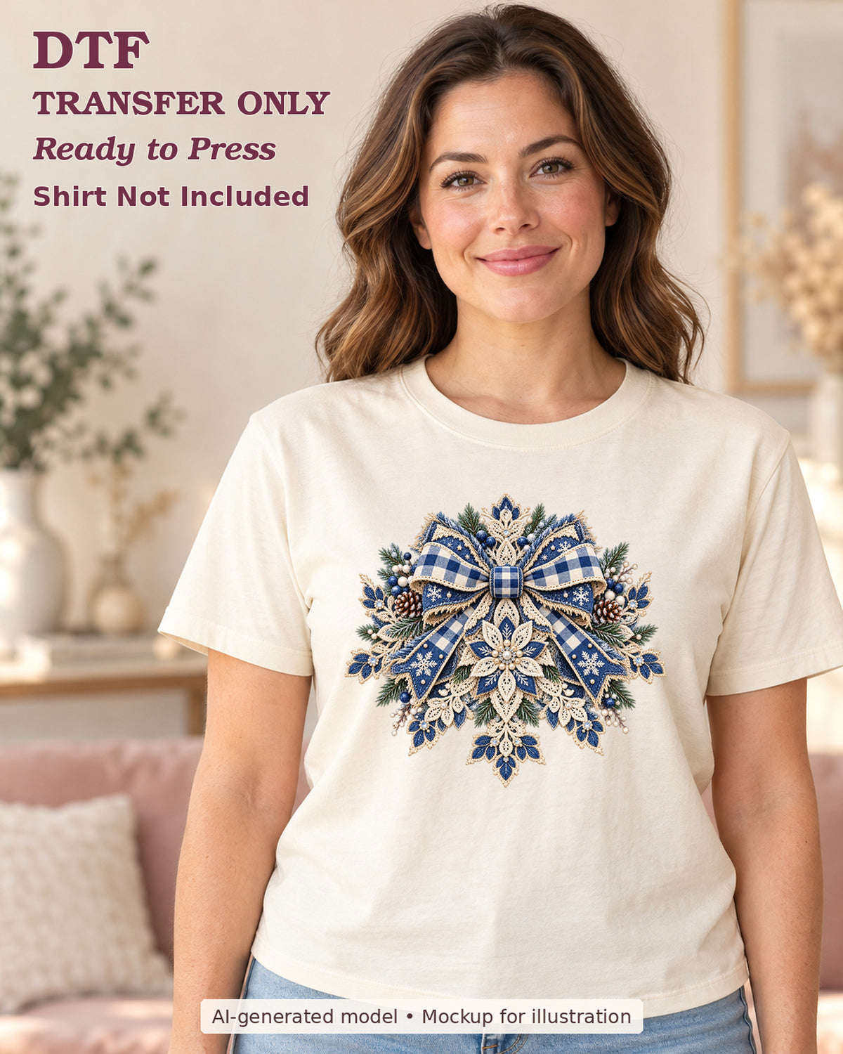 AI-model mockup wearing a cream shirt with blue gingham bow over an ornate snowflake with evergreen accents; physical DTF transfer only.