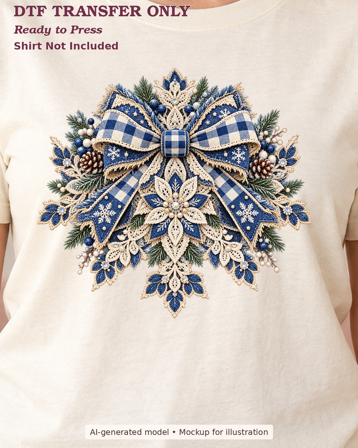 Close-up cream shirt mockup showing blue gingham bow over an ornate snowflake with evergreen accents; shirt not included.