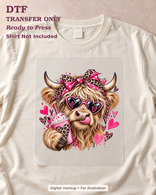 Highland cow wearing pink heart sunglasses and holding a leopard-patterned drink, shown as a transfer sheet on a cream shirt; shirt not included.