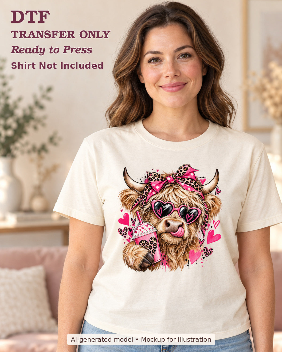 AI-model mockup wearing a cream shirt with highland cow wearing pink heart sunglasses and holding a leopard-patterned drink; physical DTF transfer only.