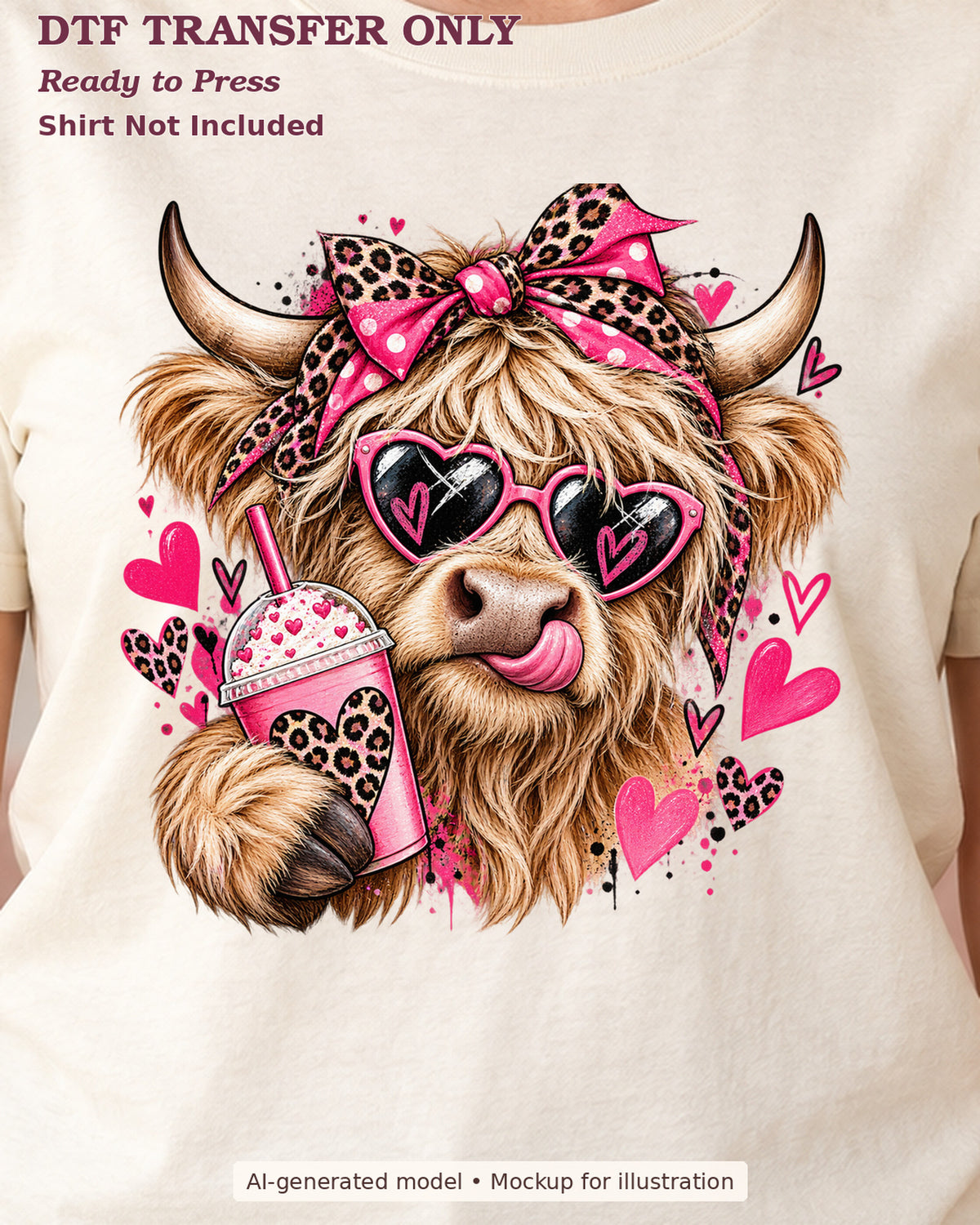 Close-up cream shirt mockup showing highland cow wearing pink heart sunglasses and holding a leopard-patterned drink; shirt not included.