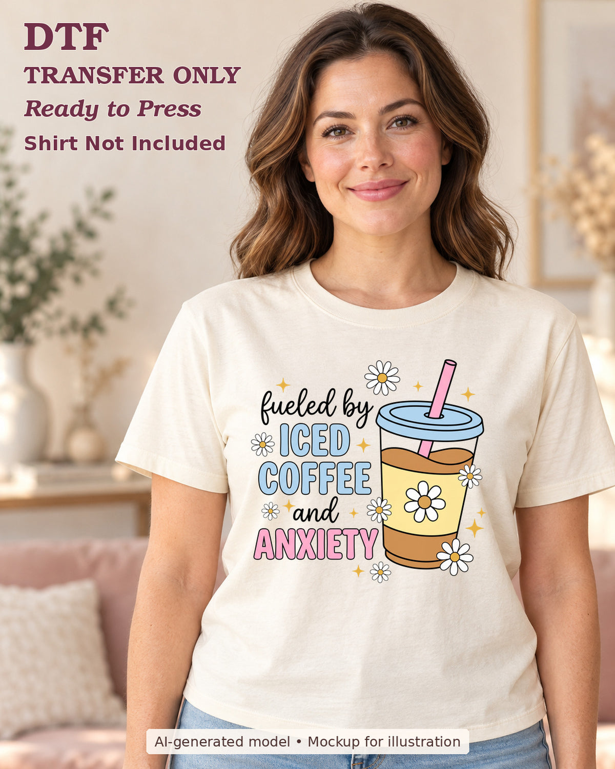 AI-model mockup wearing a cream shirt with fueled by iced coffee and anxiety text with a drink cup and daisies; physical DTF transfer only.