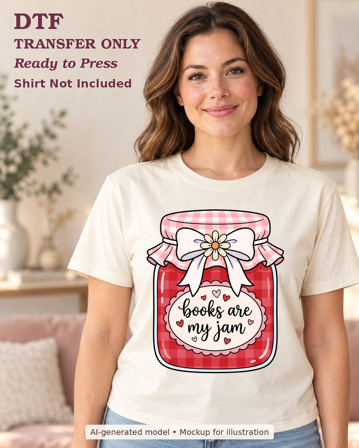 AI-model mockup wearing a cream shirt with books are my jam wording on a pink gingham jam jar; physical DTF transfer only.