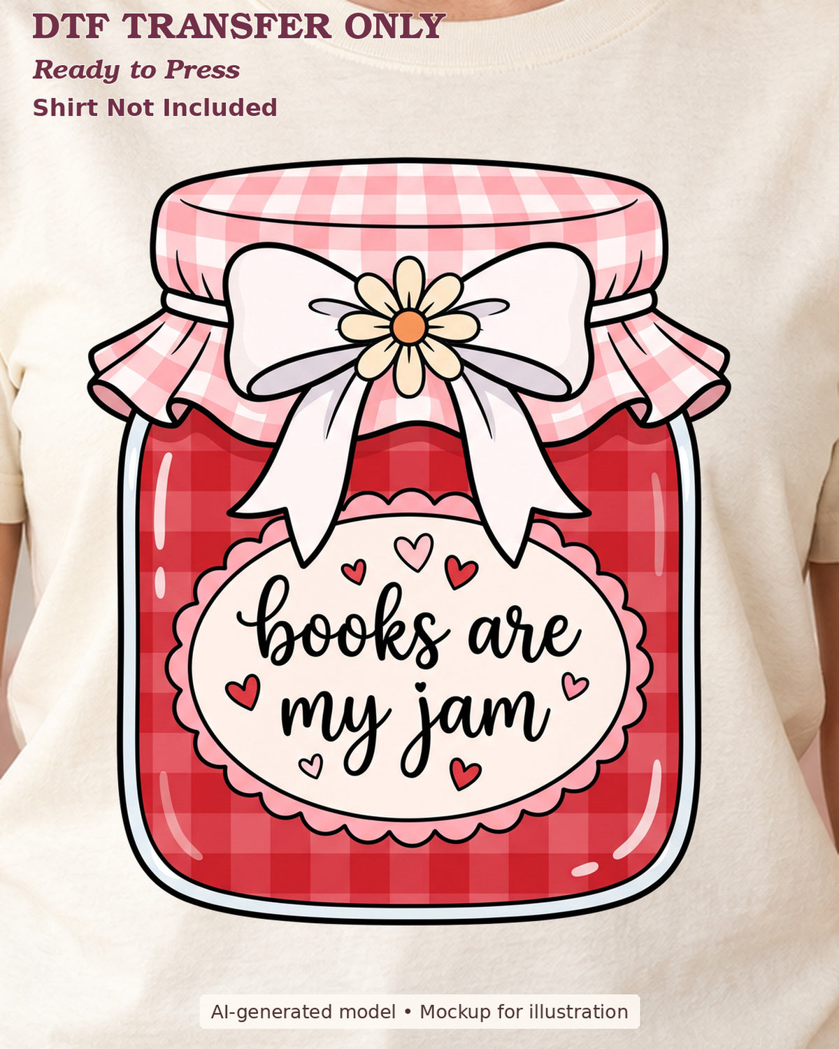 Close-up cream shirt mockup showing books are my jam wording on a pink gingham jam jar; shirt not included.