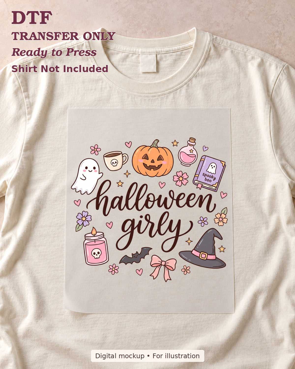 Halloween Girly lettering with pastel ghost, pumpkin, witch hat and book doodles, shown as a transfer sheet on a cream shirt; shirt not included.