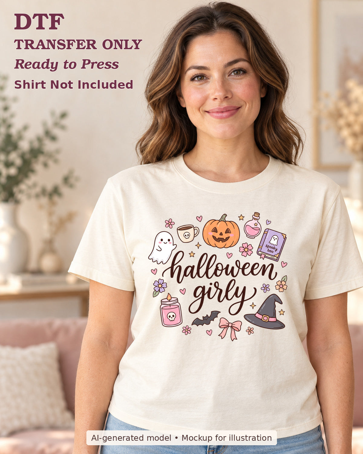 AI-model mockup wearing a cream shirt with halloween girly lettering with pastel ghost, pumpkin, witch hat and book doodles; physical DTF transfer only.