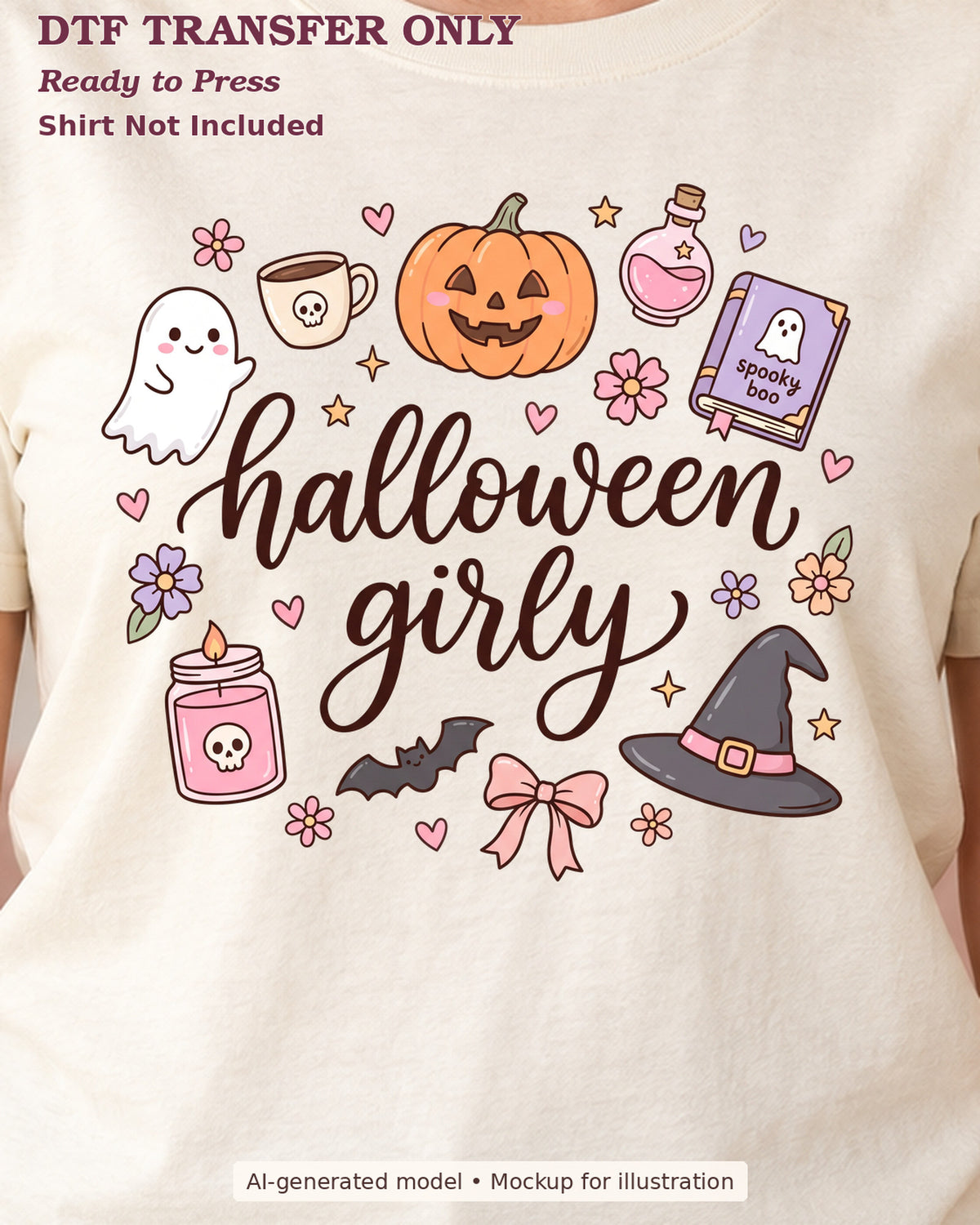 Close-up cream shirt mockup showing halloween girly lettering with pastel ghost, pumpkin, witch hat and book doodles; shirt not included.