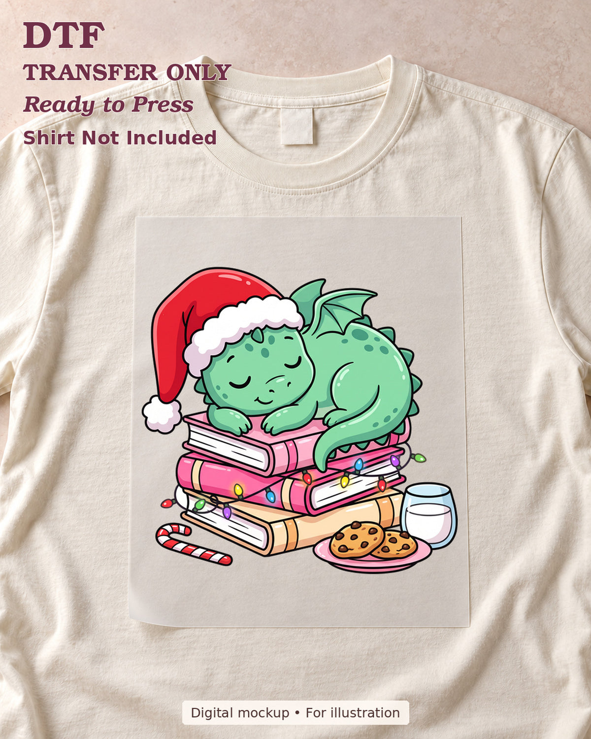 Green dragon in a Santa hat sleeping on books with cookies and milk, shown as a transfer sheet on a cream shirt; shirt not included.