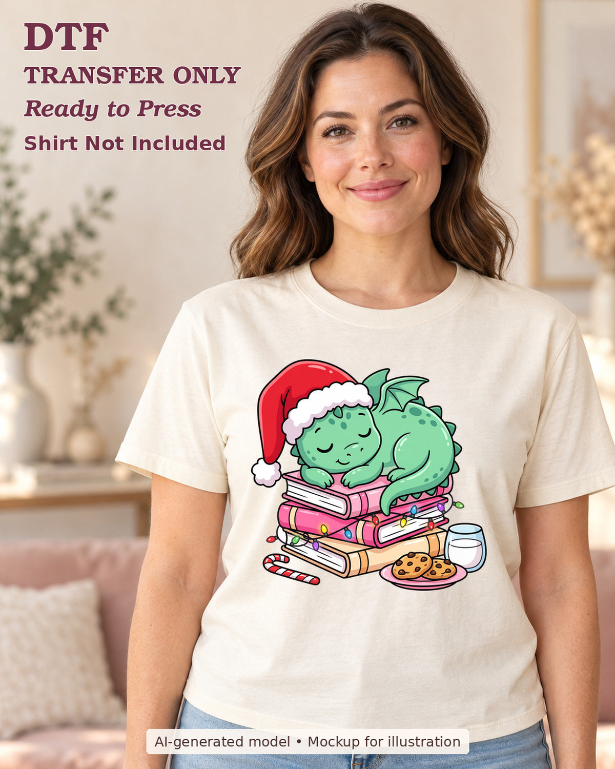 AI-model mockup wearing a cream shirt with green dragon in a santa hat sleeping on books with cookies and milk; physical DTF transfer only.