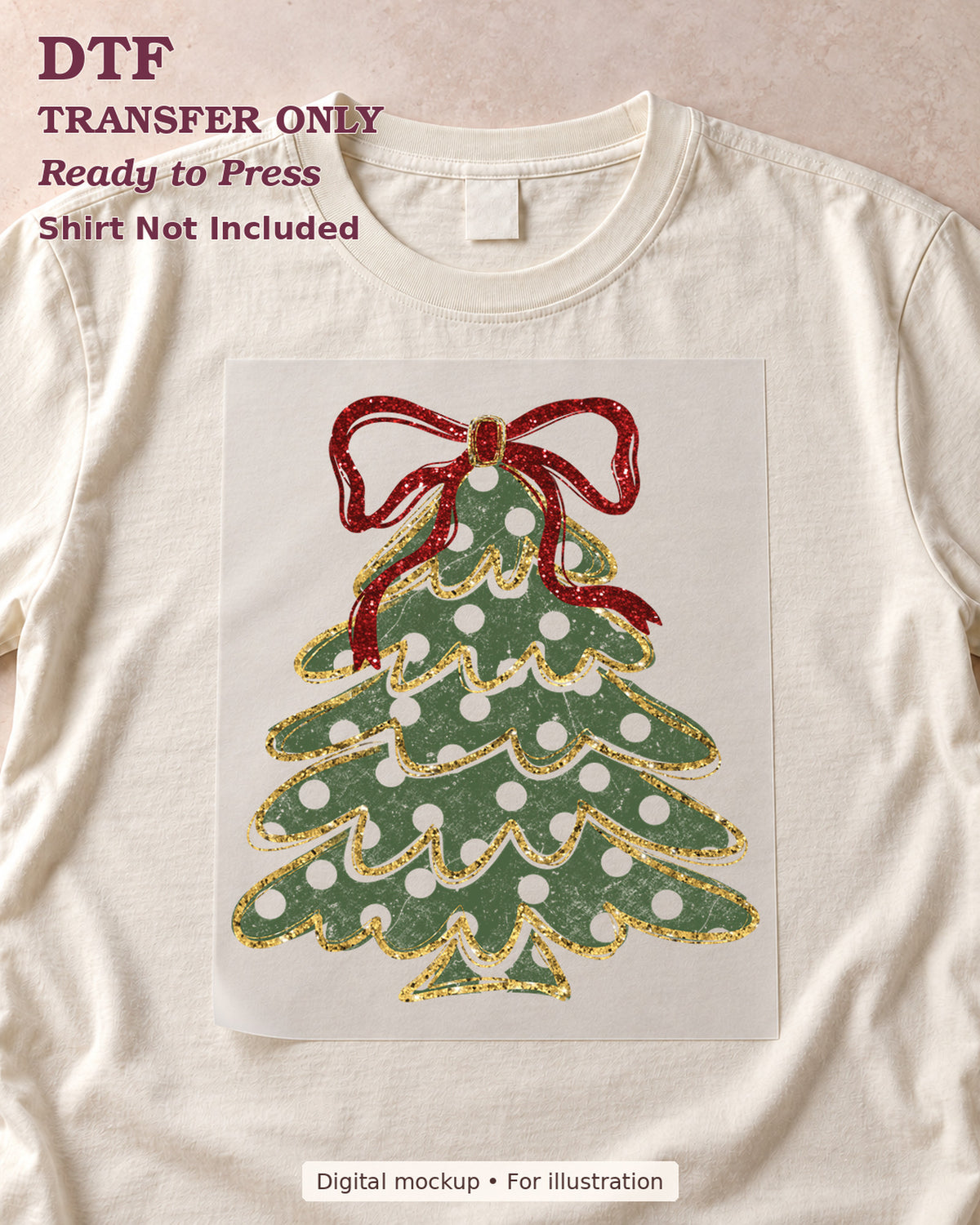 Green polka-dot Christmas tree with a red bow and printed gold-effect edging, shown as a transfer sheet on a cream shirt; shirt not included.