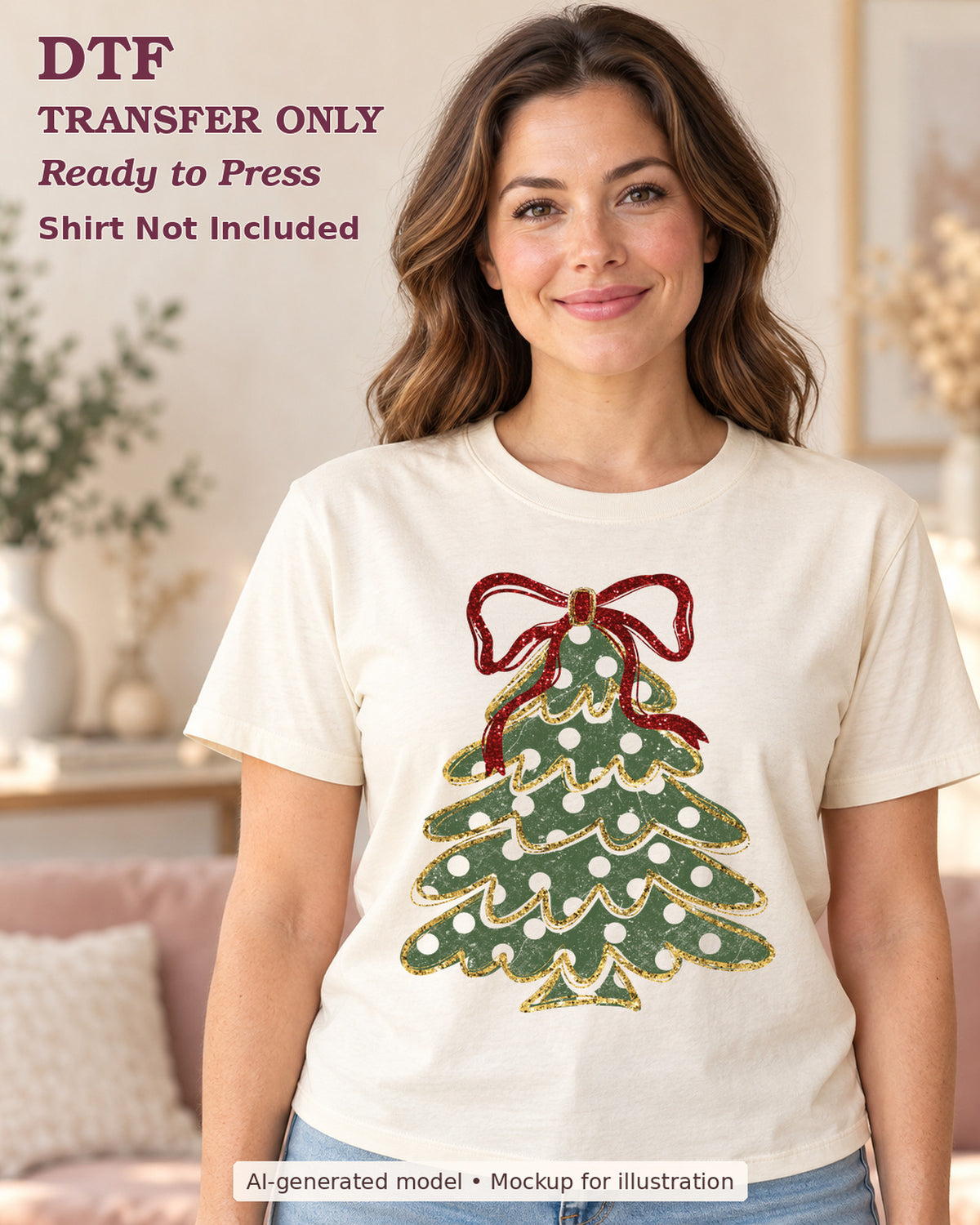 AI-model mockup wearing a cream shirt with green polka-dot christmas tree with a red bow and printed gold-effect edging; physical DTF transfer only.