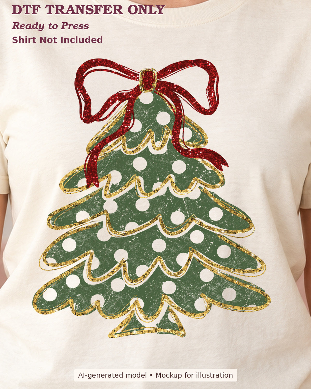 Close-up cream shirt mockup showing green polka-dot christmas tree with a red bow and printed gold-effect edging; shirt not included.