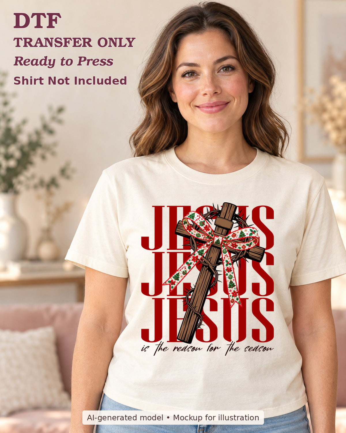 AI-model mockup wearing a cream shirt with repeated jesus lettering with a wooden cross, floral bow and reason for the season wording; physical DTF transfer only.