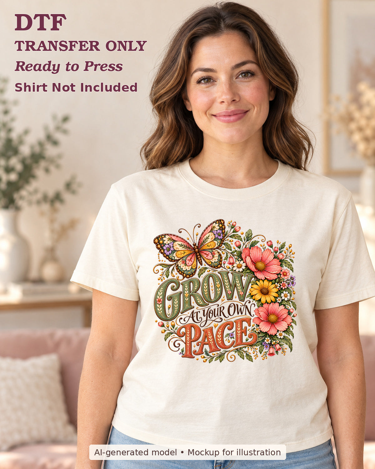 AI-model mockup wearing a cream shirt with grow at your own pace lettering with butterfly and flowers; physical DTF transfer only.