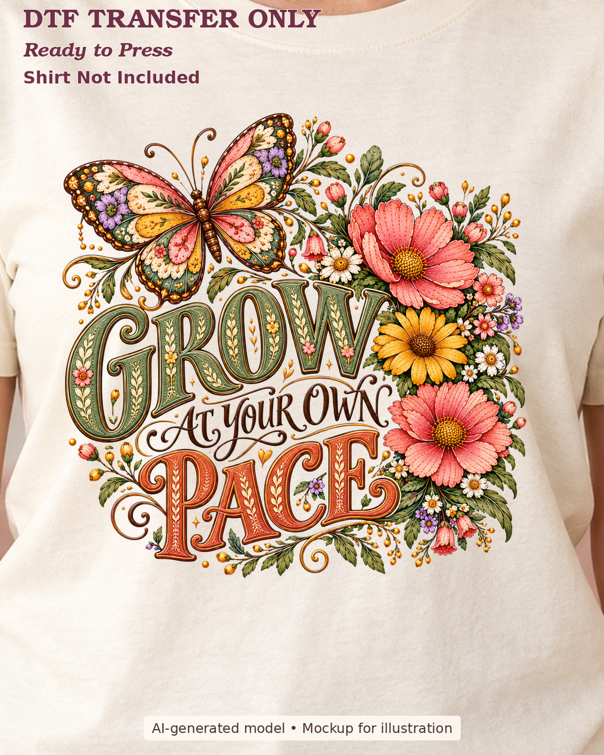 Close-up cream shirt mockup showing grow at your own pace lettering with butterfly and flowers; shirt not included.