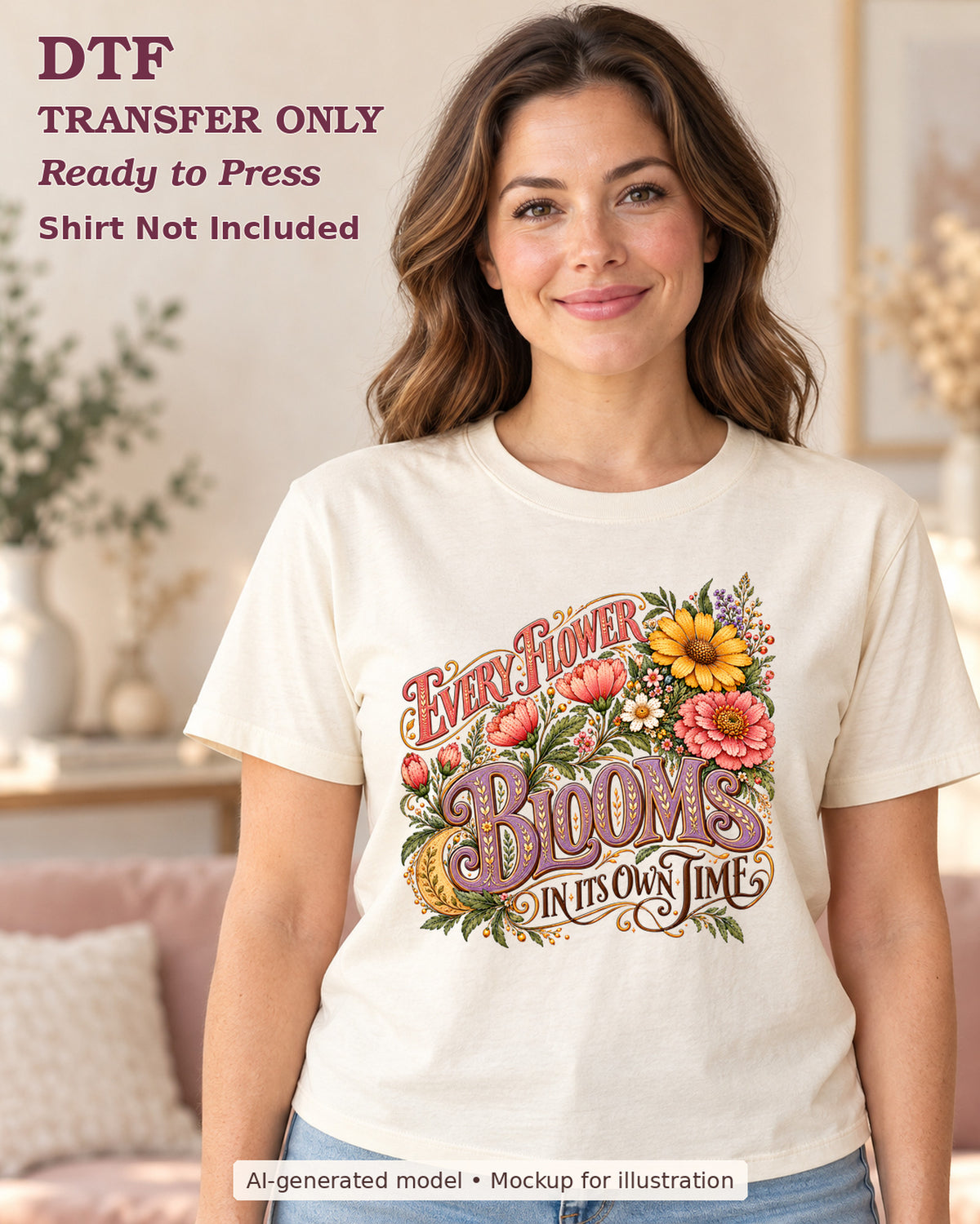 AI-model mockup wearing a cream shirt with every flower blooms in its own time lettering with colorful blossoms; physical DTF transfer only.