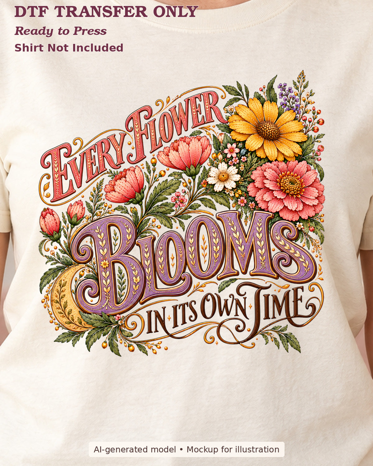 Close-up cream shirt mockup showing every flower blooms in its own time lettering with colorful blossoms; shirt not included.