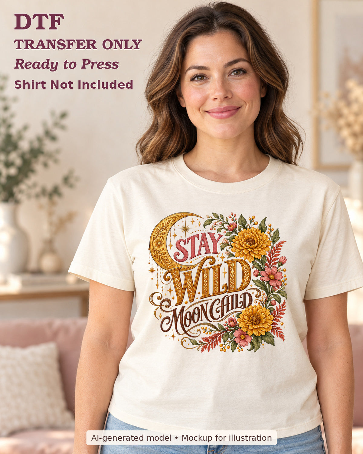 AI-model mockup wearing a cream shirt with stay wild moon child lettering with ornate crescent moon and flowers; physical DTF transfer only.
