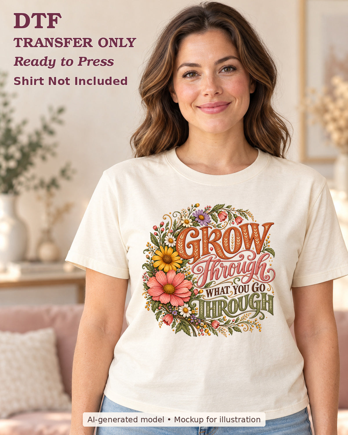 AI-model mockup wearing a cream shirt with Grow Through What You Go Through lettering framed by colorful flowers; DTF transfer only.