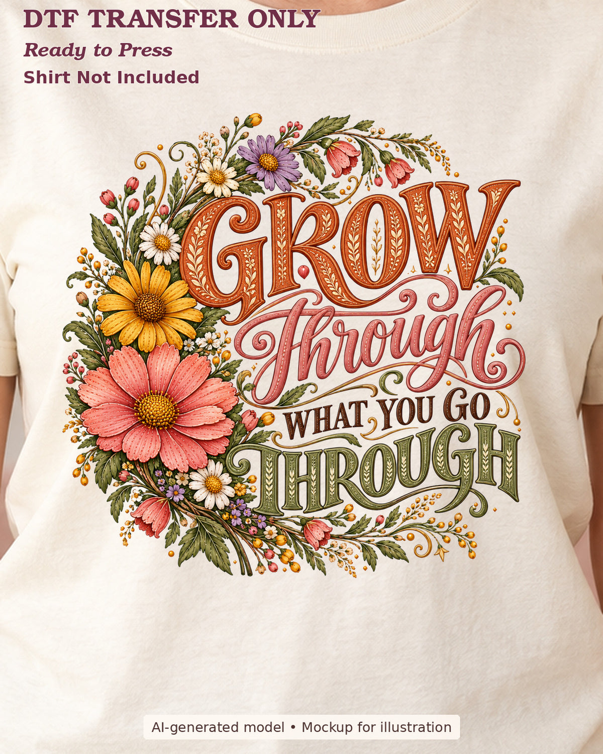 Close-up cream shirt mockup showing Grow Through What You Go Through lettering framed by colorful flowers; shirt not included.
