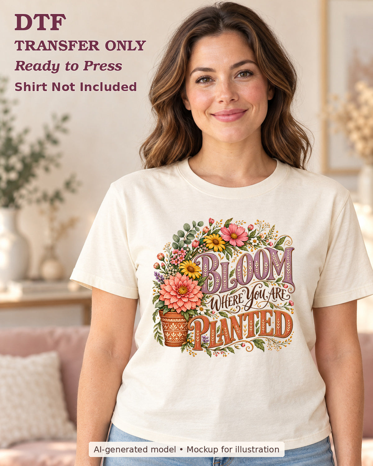 AI-model mockup wearing a cream shirt with Bloom Where You Are Planted lettering with potted flowers; DTF transfer only.