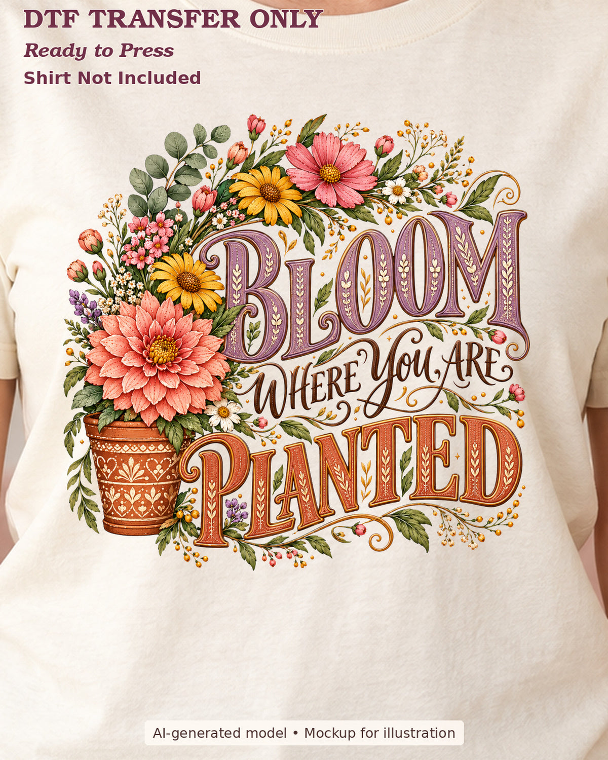 Close-up cream shirt mockup showing Bloom Where You Are Planted lettering with potted flowers; shirt not included.