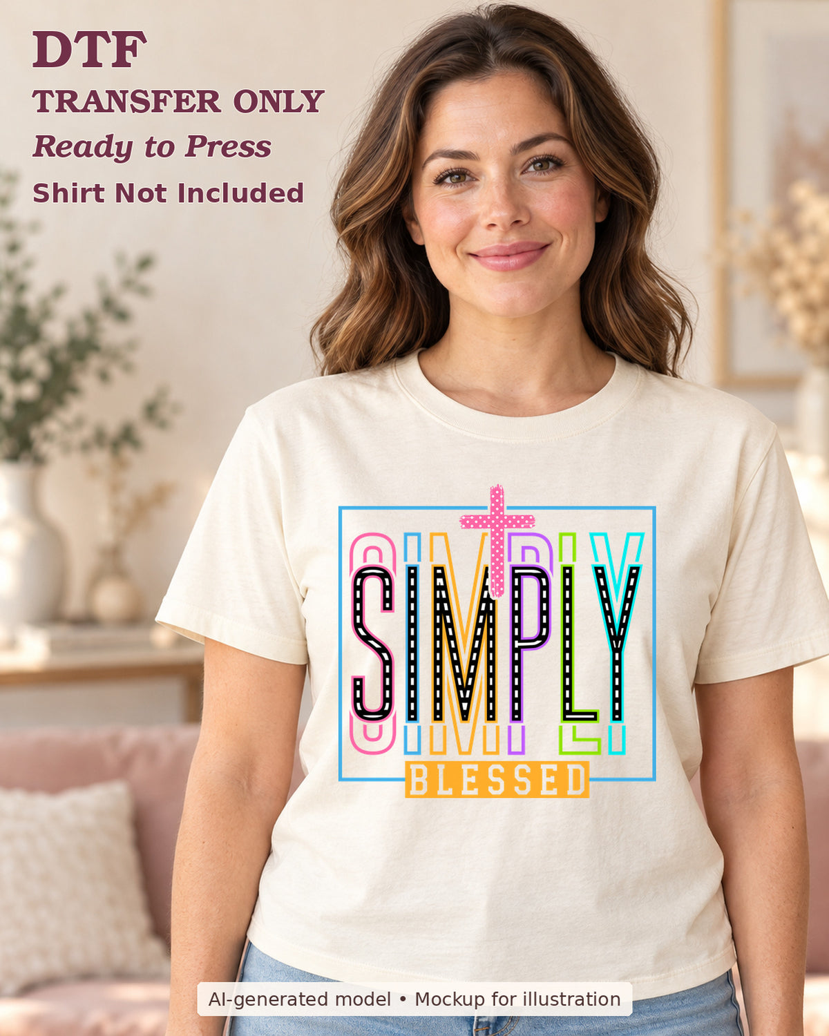 AI-model mockup wearing a cream shirt with Simply Blessed lettering with a pink cross and colorful outline letters; DTF transfer only.
