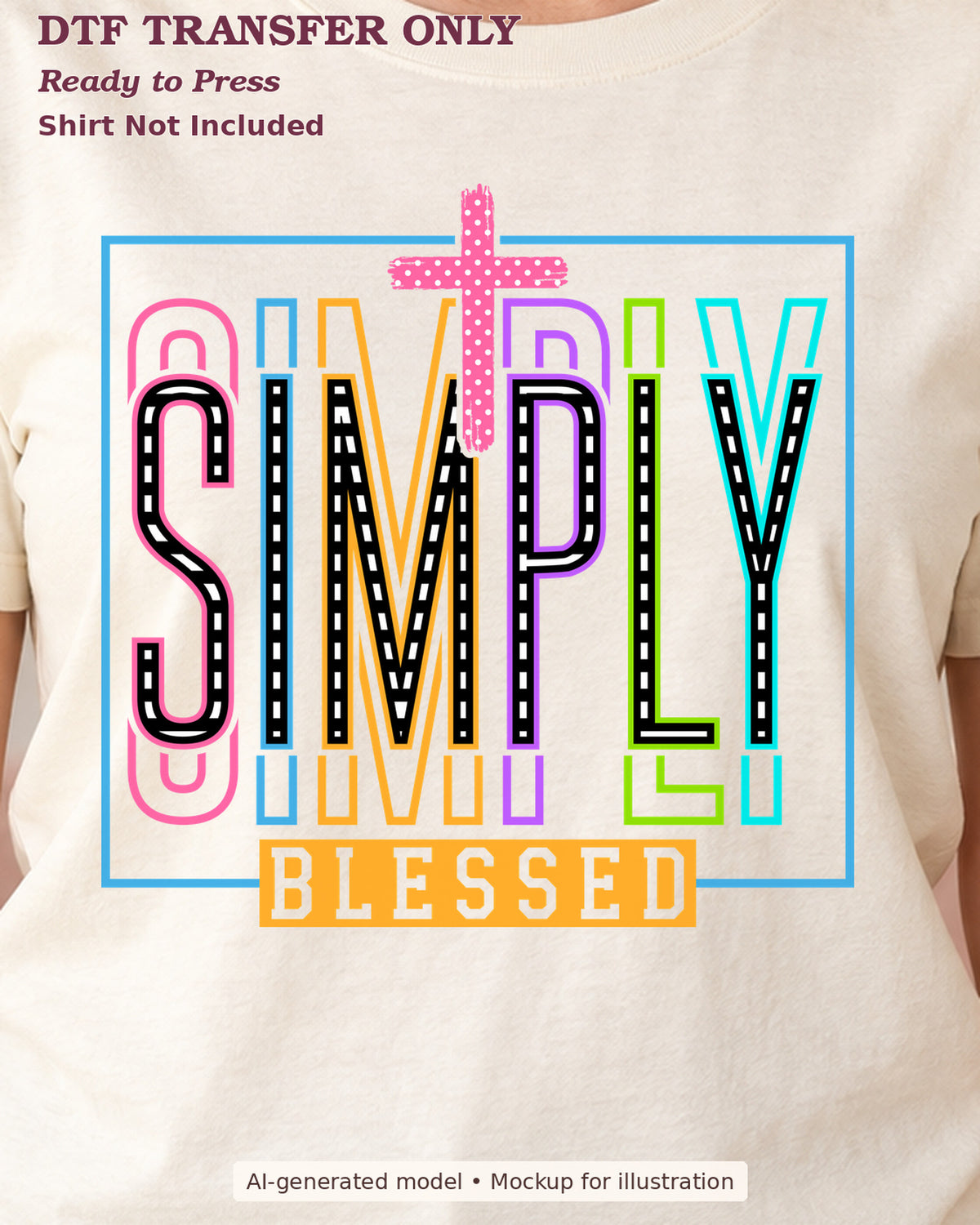 Close-up cream shirt mockup showing Simply Blessed lettering with a pink cross and colorful outline letters; shirt not included.