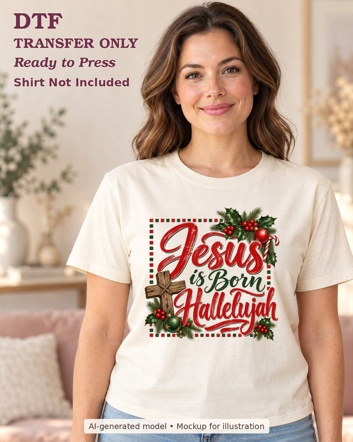 AI-model mockup wearing a cream shirt with Jesus Is Born Hallelujah lettering with a wooden cross and Christmas greenery; DTF transfer only.