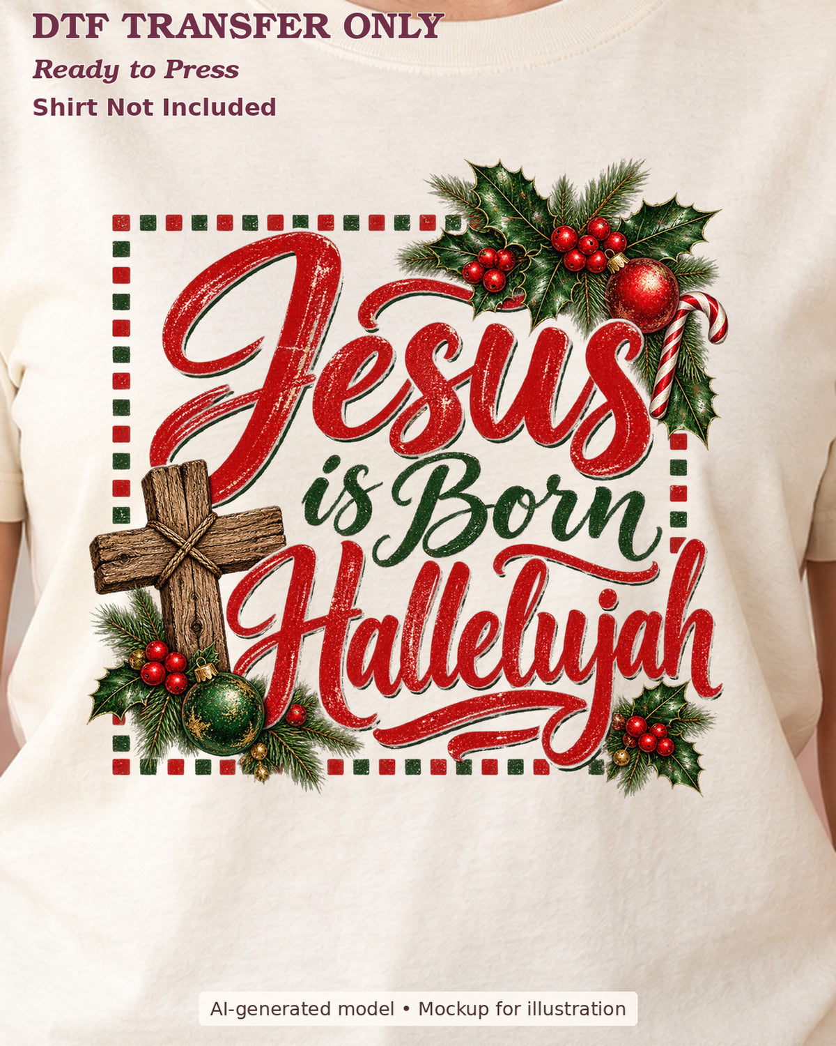 Close-up cream shirt mockup showing Jesus Is Born Hallelujah lettering with a wooden cross and Christmas greenery; shirt not included.