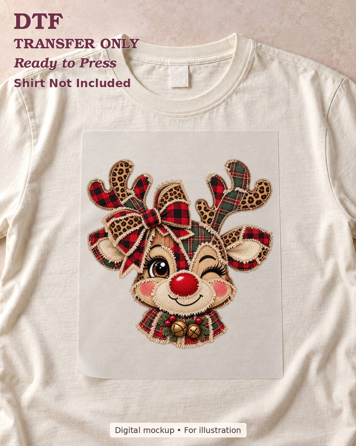 Winking red-nosed reindeer with plaid and leopard-print accents and a bow shown as a transfer sheet on a cream shirt; shirt not included.