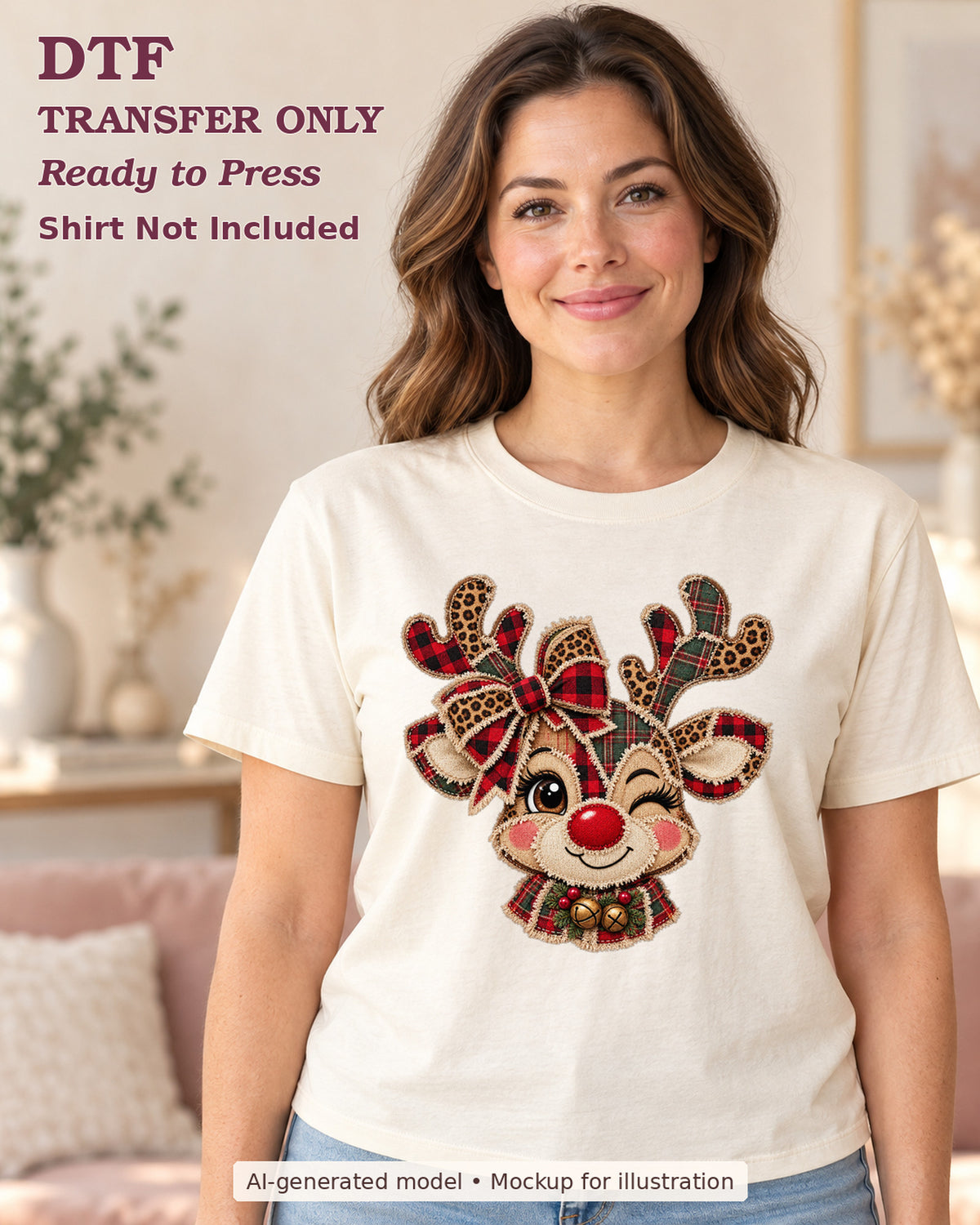 AI-model mockup wearing a cream shirt with winking red-nosed reindeer with plaid and leopard-print accents and a bow; DTF transfer only.