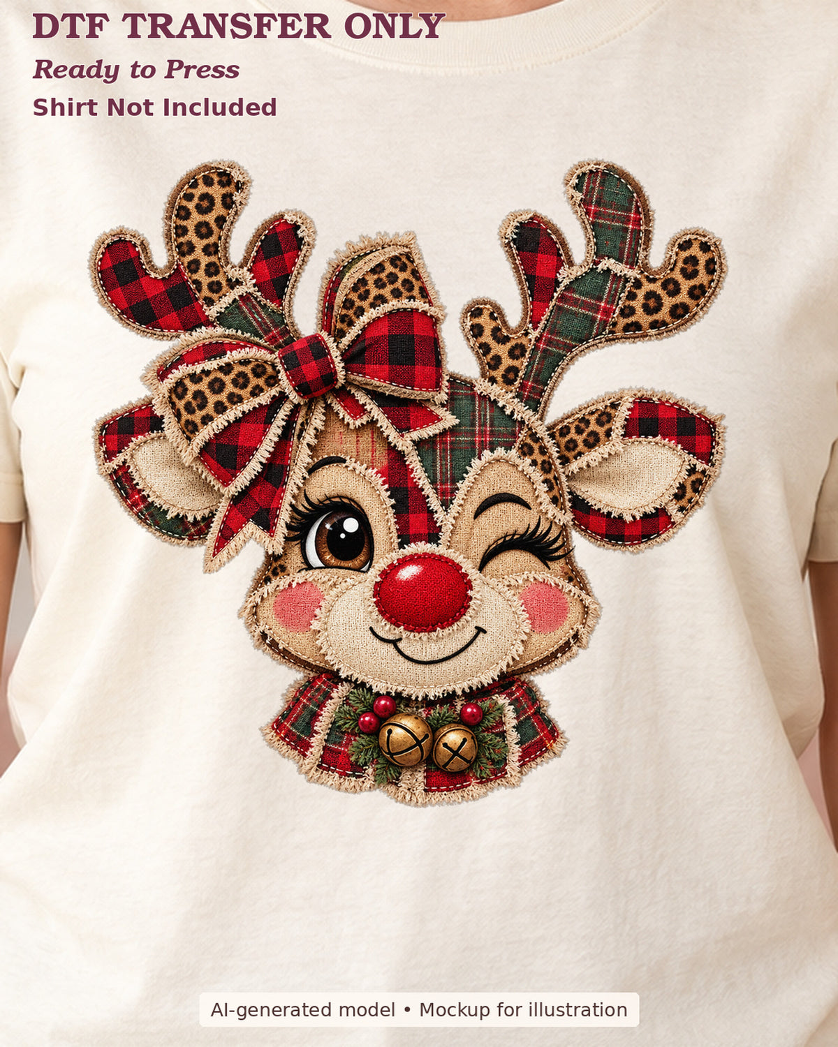 Close-up cream shirt mockup showing winking red-nosed reindeer with plaid and leopard-print accents and a bow; shirt not included.