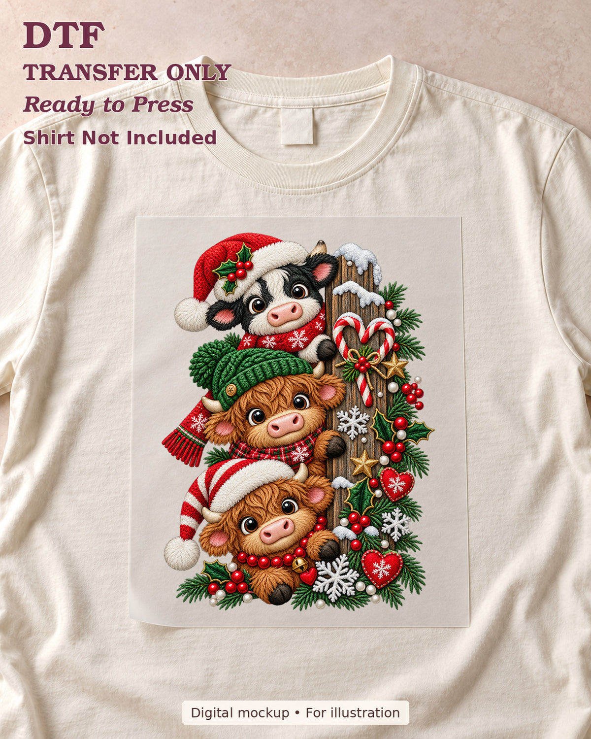 Three festive cows peeking around a snowy post with holiday hats and greenery shown as a transfer sheet on a cream shirt; shirt not included.