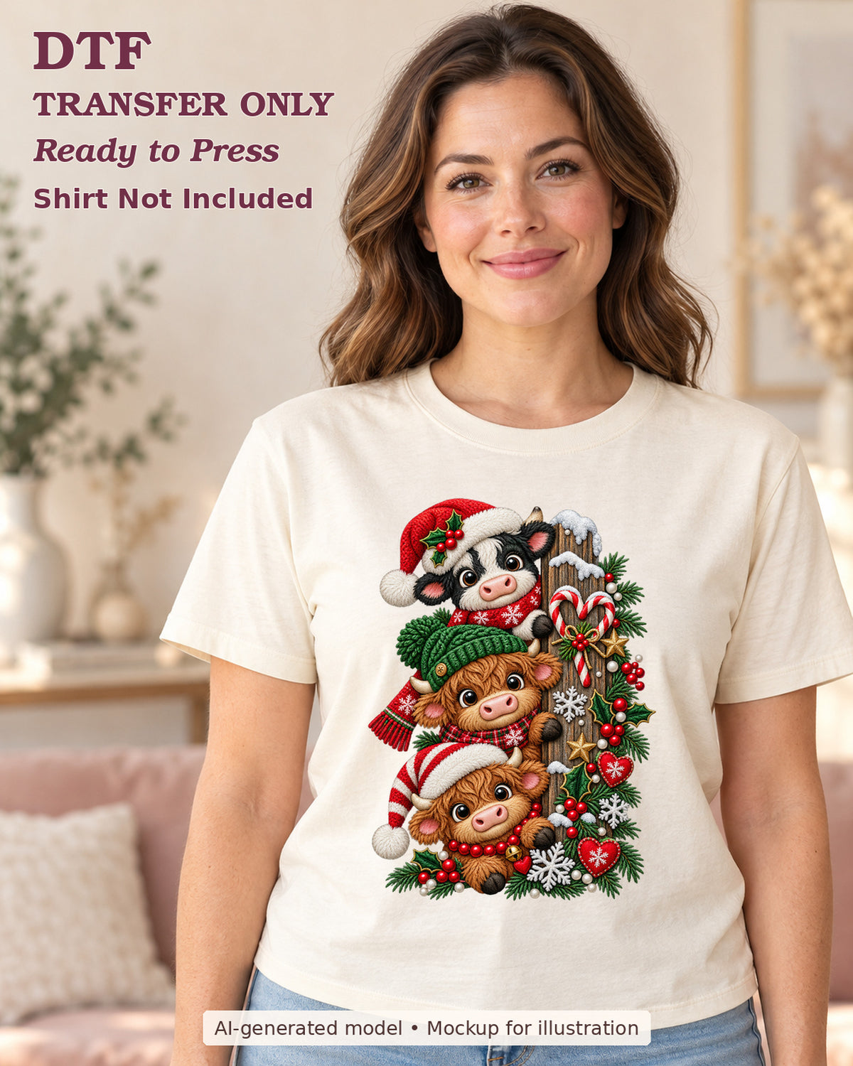 AI-model mockup wearing a cream shirt with three festive cows peeking around a snowy post with holiday hats and greenery; DTF transfer only.
