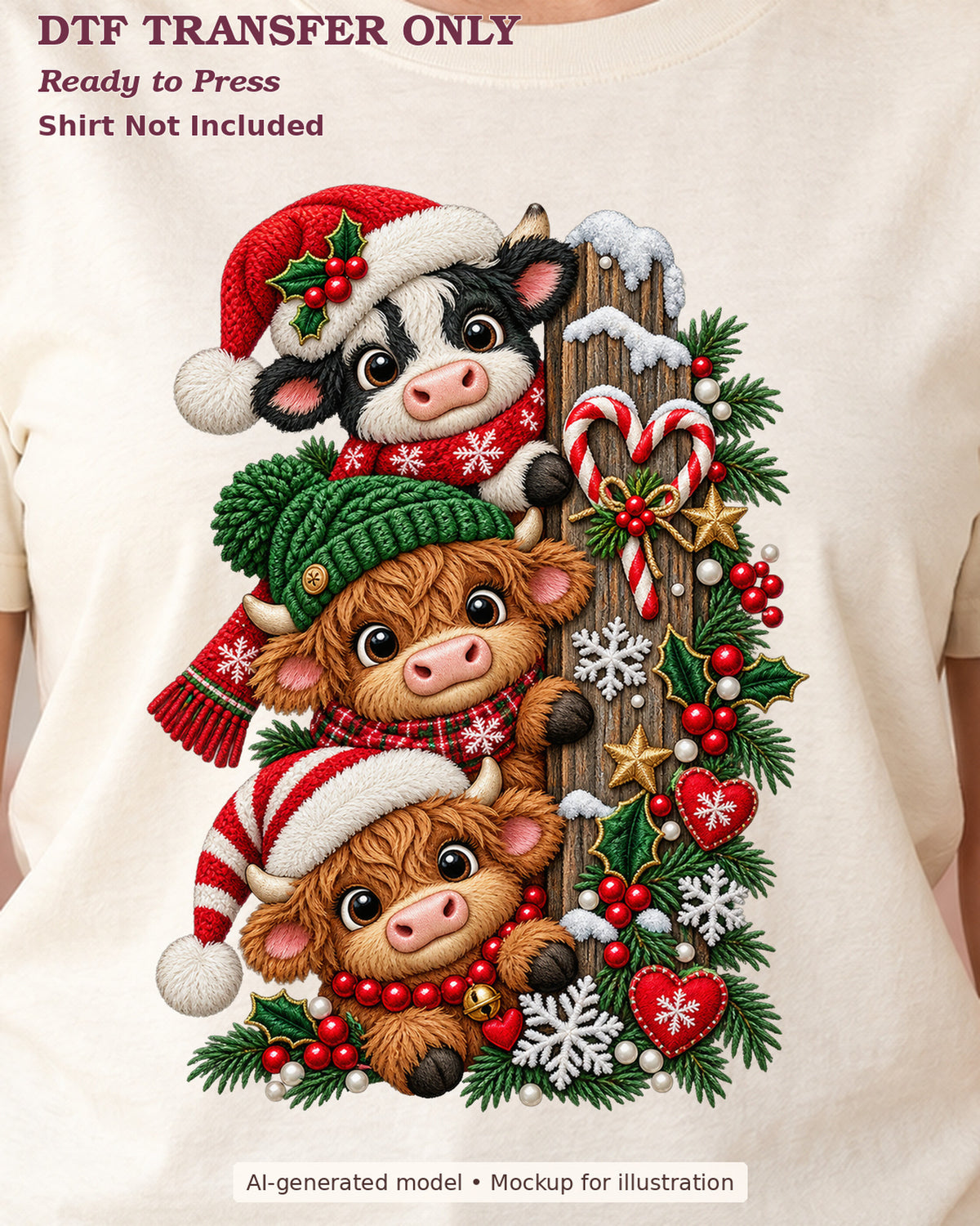 Close-up cream shirt mockup showing three festive cows peeking around a snowy post with holiday hats and greenery; shirt not included.