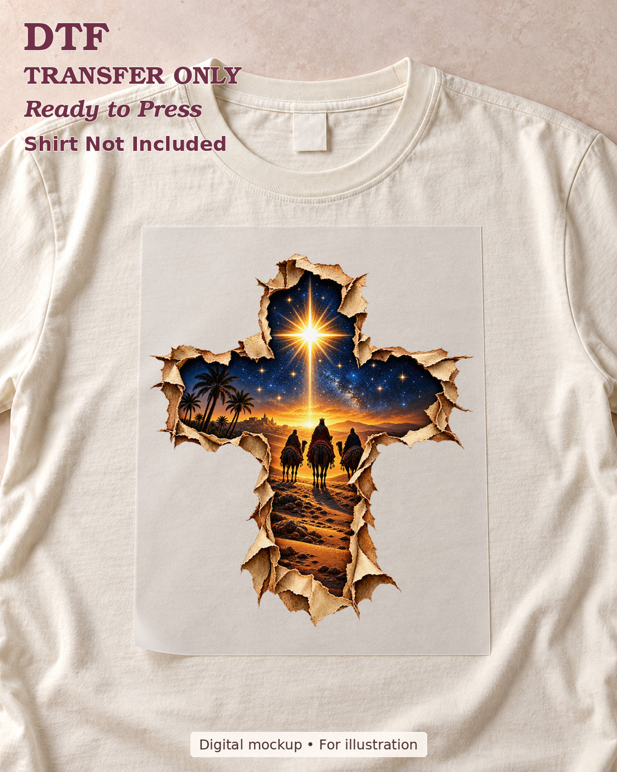 Cross-shaped desert night scene with travelers beneath a bright star shown as a transfer sheet on a cream shirt; shirt not included.