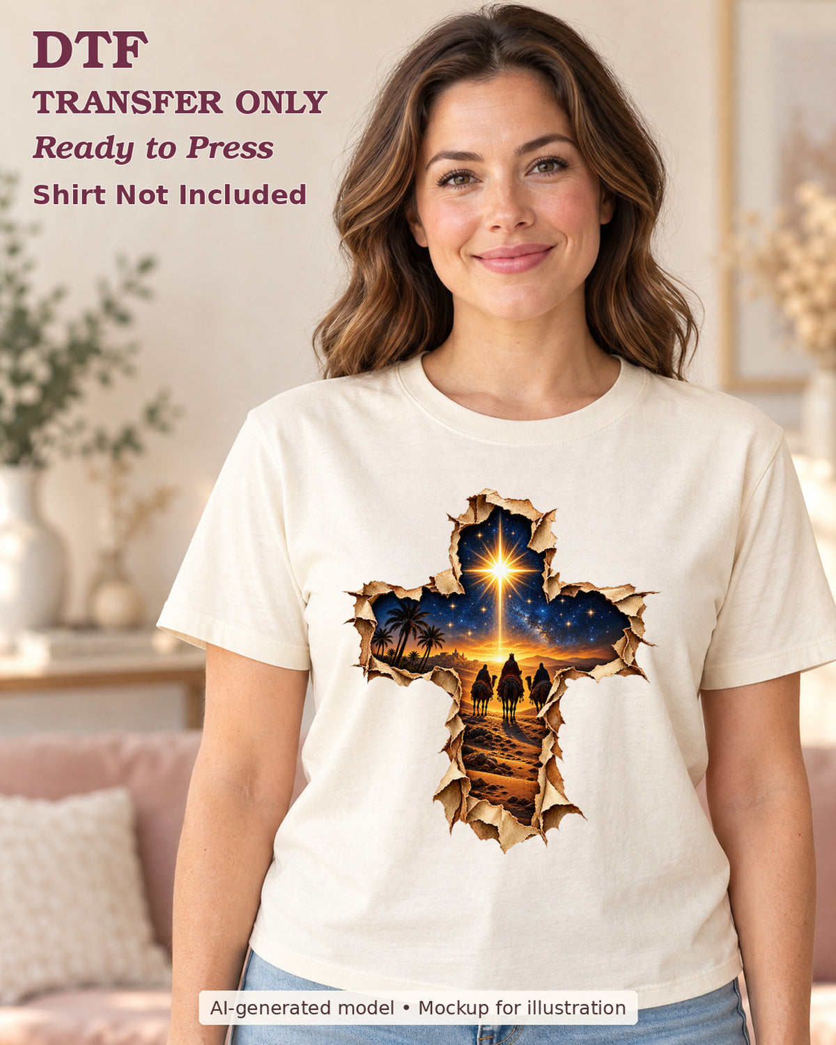AI-model mockup wearing a cream shirt with cross-shaped desert night scene with travelers beneath a bright star; DTF transfer only.