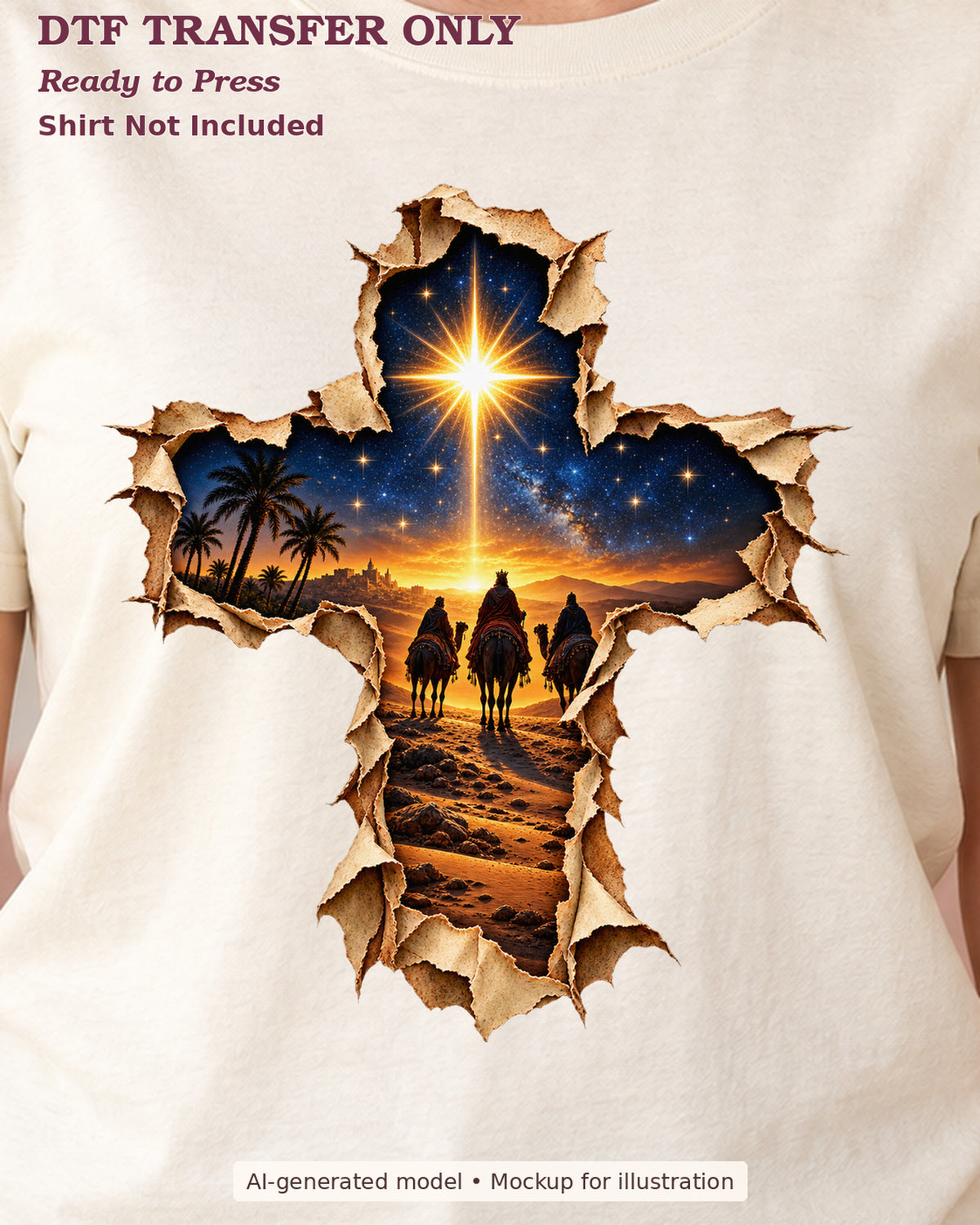 Close-up cream shirt mockup showing cross-shaped desert night scene with travelers beneath a bright star; shirt not included.