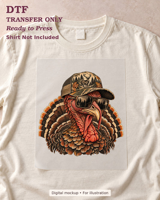 Turkey wearing sunglasses and a woodland-pattern hunting cap shown as a transfer sheet on a cream shirt; shirt not included.