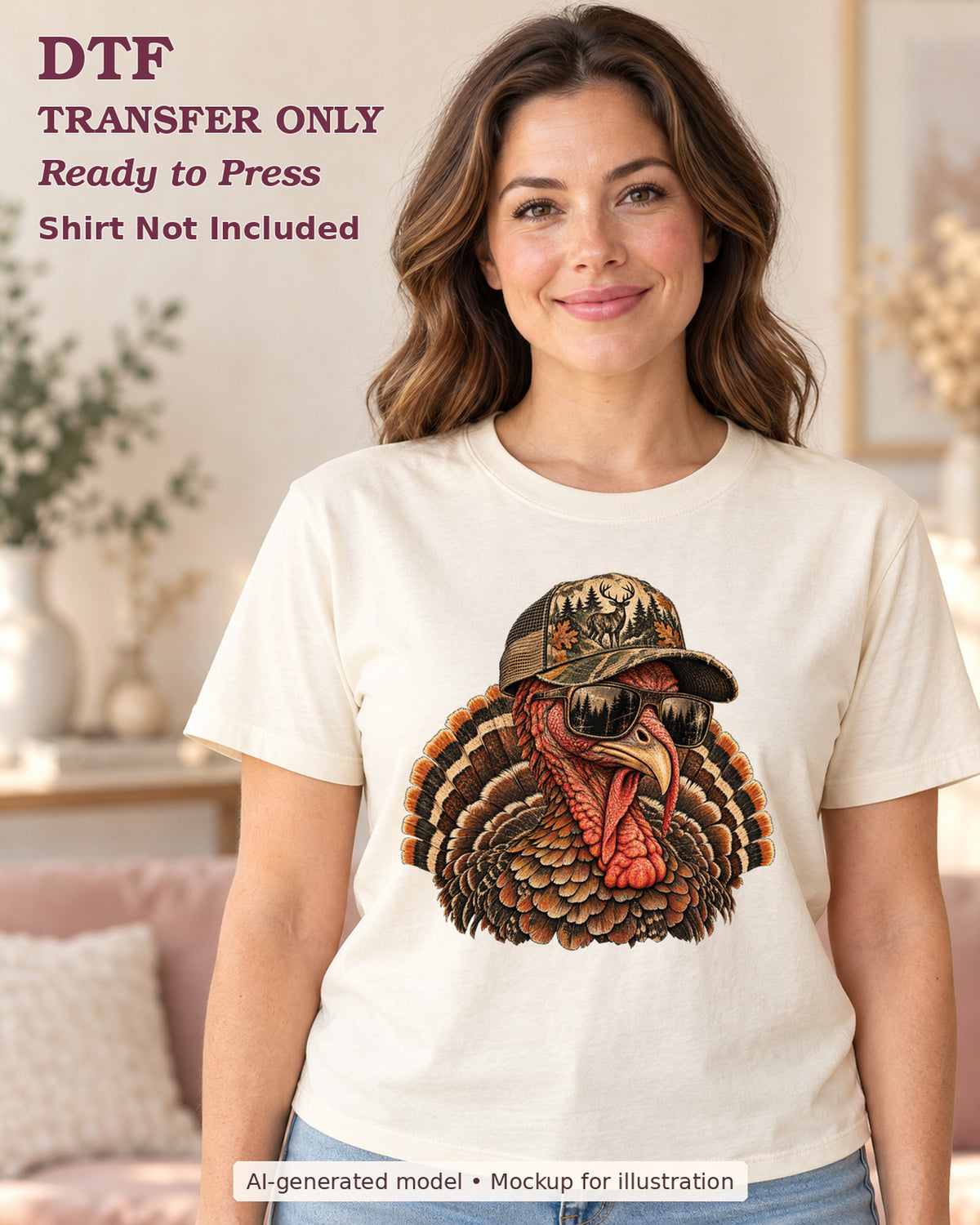 AI-model mockup wearing a cream shirt with turkey wearing sunglasses and a woodland-pattern hunting cap; DTF transfer only.